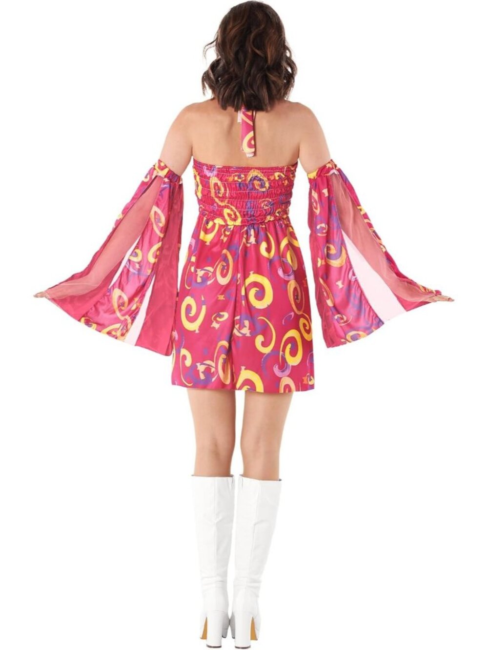 Women's Pink 70s Dress Halloween Costume with Detachable Arm Sleeve Stylish Mini - Picture 4 of 6